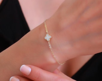 14k Gold White Dainty Clover Bracelet,Good Luck Bracelet