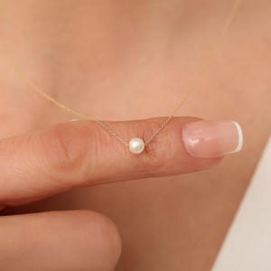 14K Solid Gold Dainty Pearl Necklace, Minimalist Necklace with Real Freshwater Pearl,Minimalist 14k Solid Gold
