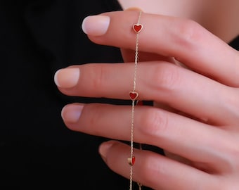 14K Gold Minimalist Red Heart Bracelet, Small Heart Bracelet,
