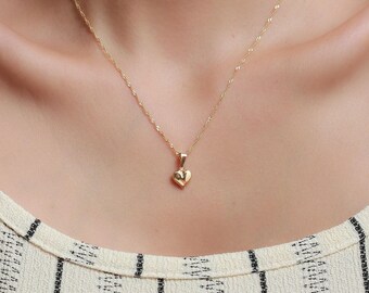 14K Solid Gold Heart Necklace: Dainty Charm Pendant