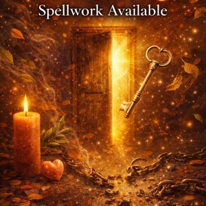 May include: A digital illustration featuring the text Breakthrough and Spellwork Available above an open door emitting golden light. A metal key floats in the air, a lit orange candle stands beside a heart-shaped stone, and broken chains lie on the ground.