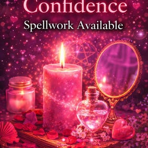May include: A mystical scene with a lit pink candle, a heart-shaped bottle, and a mirror. The image is filled with sparkling effects and the text "Self Love & Confidence Spellwork Available".