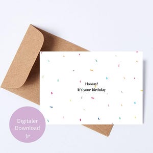 Tarjeta de cumpleaños divertida A6 | Tarjeta plegable digital para descargar | “¡Hurra, es tu cumpleaños!” con confeti de colores