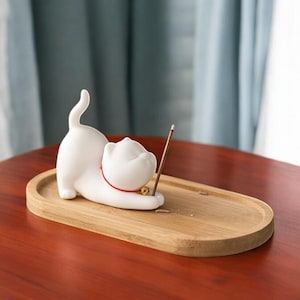 Ceramic Cat Incense Holder: Zen Home Decor with Bamboo Tray