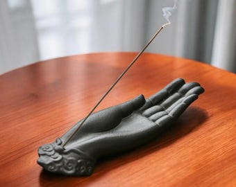Antique Black Ceramic Buddha Hand Incense Holder: Zen Decor