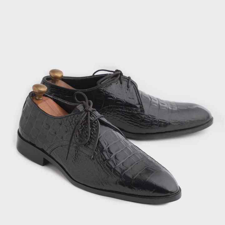 Handmade Black Alligator Texture Leather Shoes: Men display picture 1