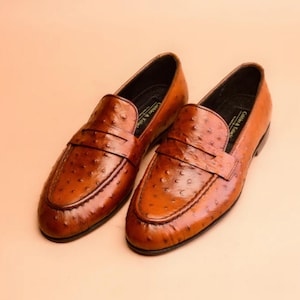 Handmade Brown Ostrich Leather Loafers: Men's Slip-On Shoes