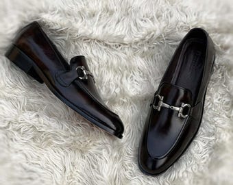 Ręcznie robione, ciemnobrązowe, skórzane mokasyny typu horsebit, męskie, eleganckie buty