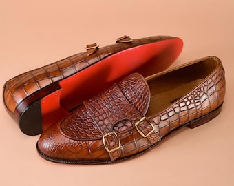 Handmade Alligator Leather Monk Strap Loafers: Men&#39;s Dress Shoes