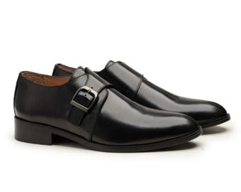 Zapatos de vestir negros hechos a mano con hebilla tipo monje para hombre, estilo Oxford formal para bodas.