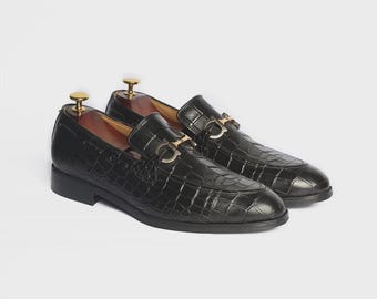 Handmade Black Croco Leather Loafers: Men's Slip-On Dress Shoes