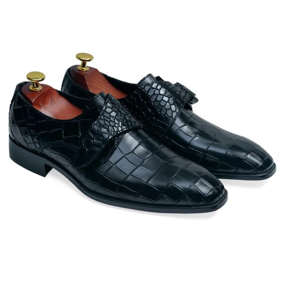 Handmade Black Crocodile Print Leather Monk Strap Shoes | Luxury Men’s Formal Dress Shoes