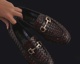 Handmade Woven Leather Horsebit Loafers Men's Brown Slip On Dress Shoes