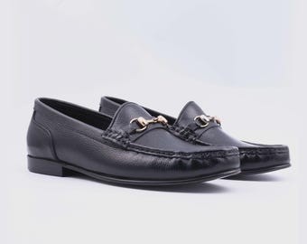 Bespoke Handmade Black Horsebit Leather Slip On Shoes | Men’s Formal Dress Shoes