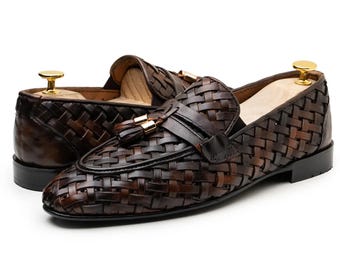 Handmade Brown Woven Leather Tassel Loafers: Mens Formal Shoes