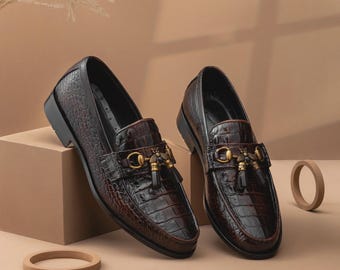 Handmade Crocodile Embossed Leather Loafers: Horsebit Tassel Slip-Ons