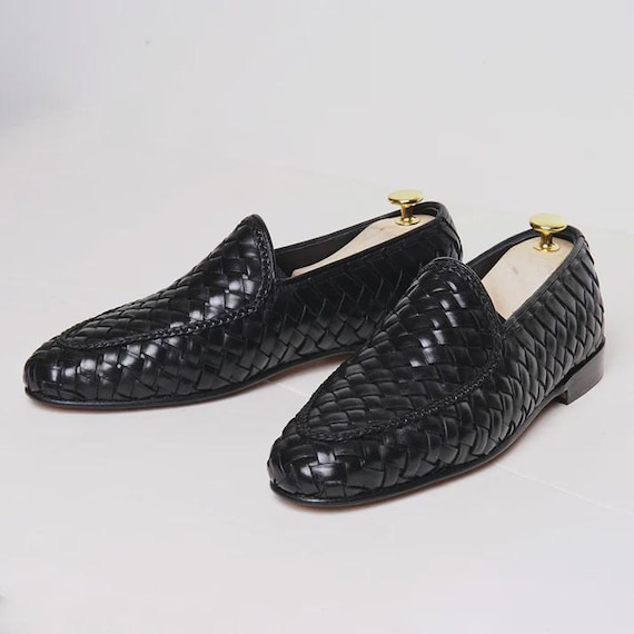 Handmade Woven Black Leather Loafers: Men's Slip-On Moccasins Mens Shoes
