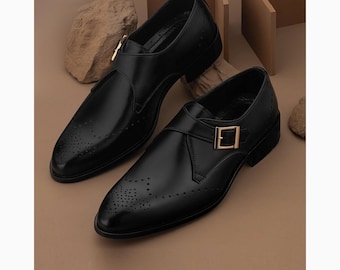 Handmade Black Leather Single Monk Strap Dress Shoes – Formal Wedding Business Footwear