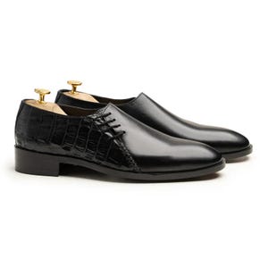 Handmade Men&#39;s  Black Leather Oxford Side Lace-Up Dress Shoes