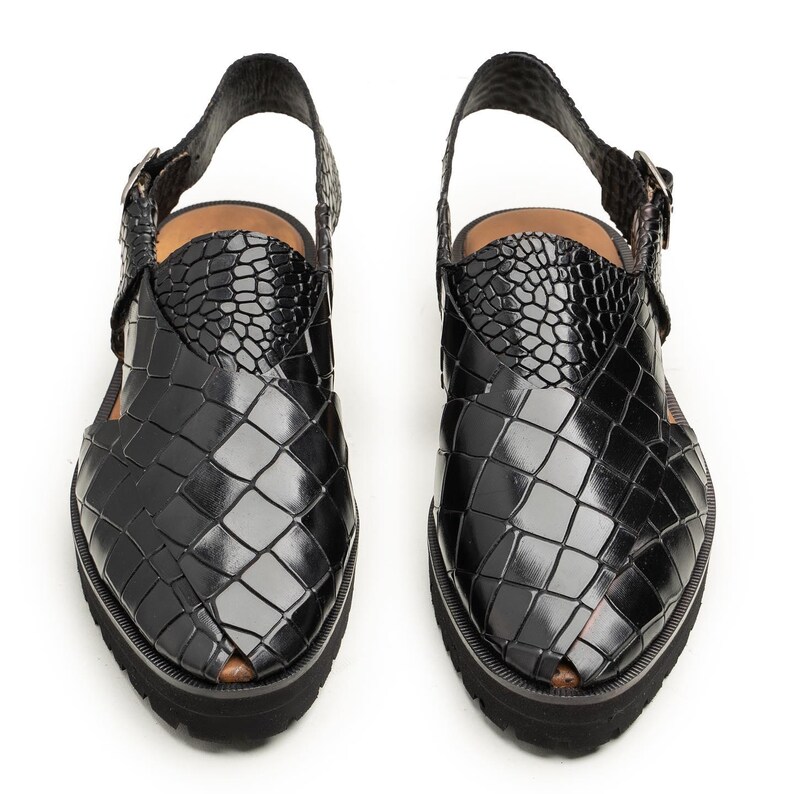 Handmade Black Crocodile Pattern Peshawari Sandals – Men’s Leather Traditional image 6