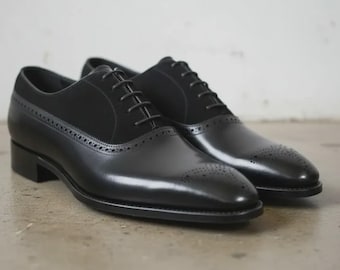 Men's Black Oxford Shoes Handmade Leather Cap Toe Dress Shoes Formal Wedding Business Office