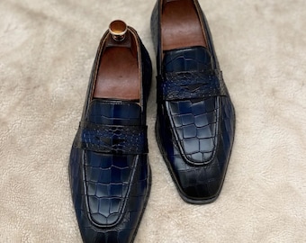 Handmade Blue Crocodile Print Leather Loafers: Exotic Men's Dress Shoes