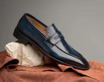 Handmade Navy Blue Penny Loafers for Men | Leather Slip-On Dress Shoes | Classic Loafer Style Footwear