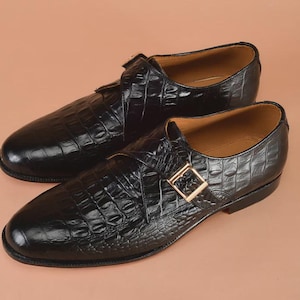 Handmade Black Alligator Crocodile Men Leather Single Monk Strap Dress Shoes image 6