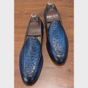 Handmade Blue Ostrich Leather Loafers: Men's Slip-On Shoes image 4