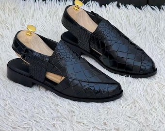 Handmade Black Crocodile Pattern Peshawari Sandals – Men’s Leather Traditional