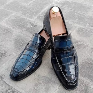 Handmade Blue Crocodile-Embossed Leather Shoes | Luxury Custom Men&#39;s Dress Shoes, Formal Oxford Footwear
