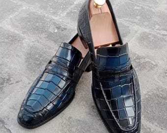 Handmade Blue Crocodile-Embossed Leather Shoes | Luxury Custom Men's Dress Shoes, Formal Oxford Footwear