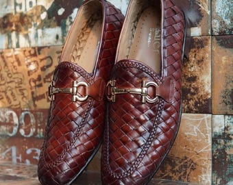 Handmade Brown Woven Leather Loafers for Men – Luxury Italian-Style Slip-On Dress Shoes