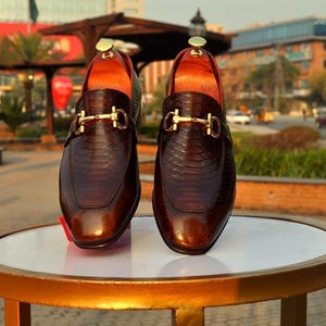 Men’s Handmade Python-Embossed Leather Loafers | Luxury Horsebit Slip-On Dress Shoes|Premium Snake-Print Leather Loafers | Elegant Slip-On