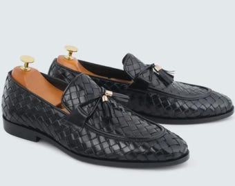 Handmade Black Woven Leather Tassel Loafers for Men, Luxury Dress Shoes, Formal Wedding Loafers, Slip On Shoes, Gift for Him