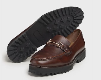 Handmade Brown Horsebit Loafers Men Leather Lug Sole Dress Shoes Luxury Slip On