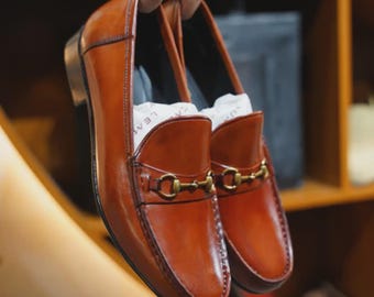 Handmade Brown Leather Horsebit Loafers, Men's Slip On Dress Shoes