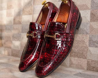 Handmade Burgundy Croc Embossed Leather Horsebit Loafers