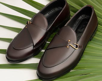 Handmade Dark Brown Leather Loafers | Men's Formal Slip-On Dress Shoes