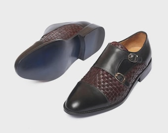 Handgefertigte gewebte Leder Doppel Monk Strap Schuhe für Herren, Schwarz Burgund Oxfords