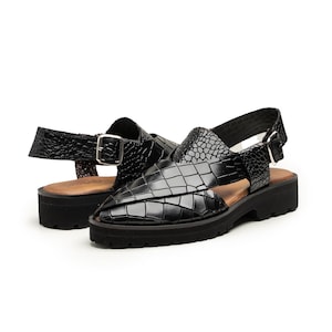 Handmade Black Crocodile Pattern Peshawari Sandals – Men’s Leather Traditional image 1