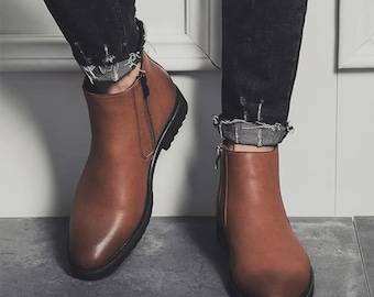 Handmade Full-Grain Leather Chelsea Boots, Men's Zip Ankle Dress Boot, Brown Tan
