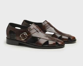 Handgefertigte Braun Leder Fischer Sandalen, Schnalle Riemen, Herren Sommer Kleid Schuhe