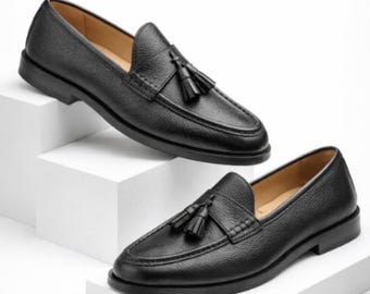 Handmade Leather Tassel Loafers: Black Slip-On Shoes