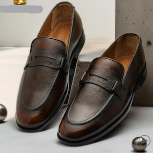 Handmade Men’s Brown Leather Penny Loafer Shoes