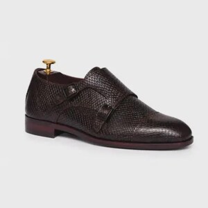 Handmade brown double monk strap shoes for men featuring snake embossed leather texture, cap toe design, dual buckle closure, leather lining and sole, luxury formal footwear ideal for weddings, business attire, office wear, and special occasions.