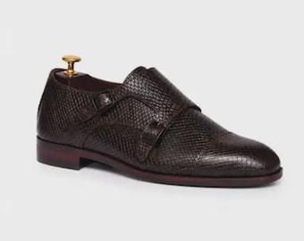Men's Brown Snake Embossed Leather Double Monk Strap Dress Shoes