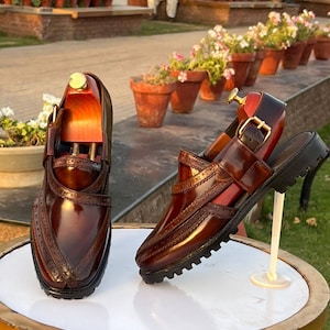 Handmade Men&#39;s Brown Leather Peshawari Chappal - Handmade Leather Sandals , Peshawri Sandals, Leather Footwear, Gift for him, Gift for Bf