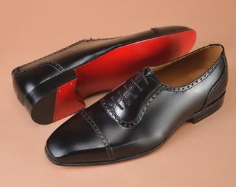 Handmade Quality Black Leather Brogue Lace Up Oxford Men Red Sole Shoes
