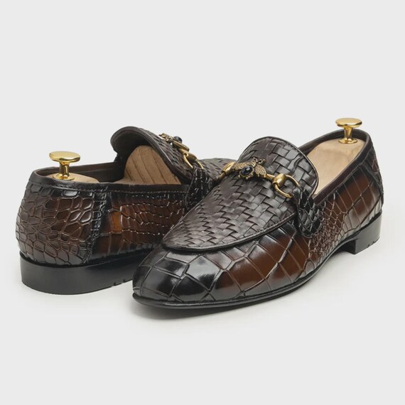 Handmade Men\'s Black Croc-Embossed Leather Slip-On Loafers with Gold Accent 42 Black Croc Vegan Leather Loafers: Handmade Slip-ons - Etsy main image 2